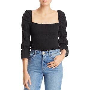 AQUA Black Smocked Square Neck Ruffle Crop‎ Top - Size S